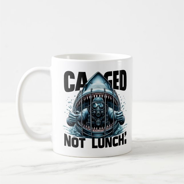 Caged, Not Lunch | Shark Cage Diver Funny Coffee Mug (Left)