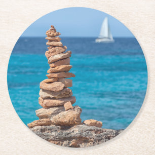 Cairn at the Mediterranean sea Round Paper Coaster