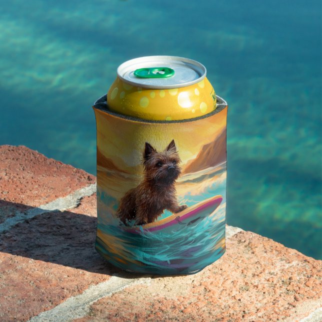 Cairn Terrier Beach Surfing Painting Can Cooler (In Situ Pool)
