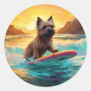 Cairn Terrier Beach Surfing Painting Classic Round Sticker