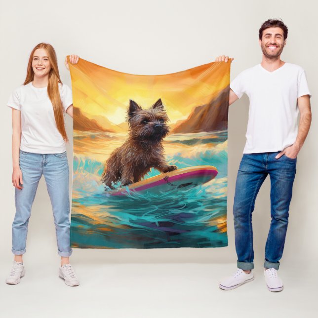 Cairn Terrier Beach Surfing Painting Fleece Blanket (In Situ)