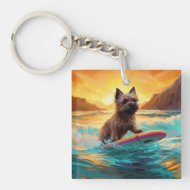 Cairn Terrier Beach Surfing Painting Key Ring (Front)