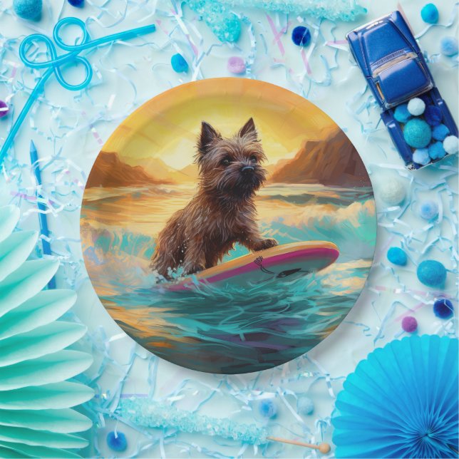 Cairn Terrier Beach Surfing Painting Paper Plate (Party)