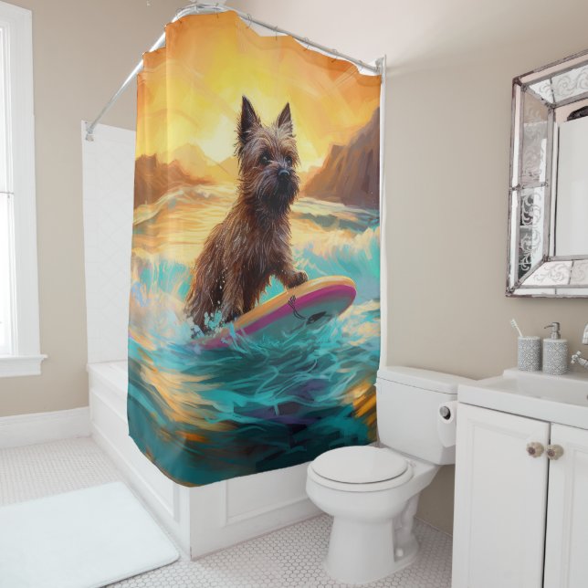 Cairn Terrier Beach Surfing Painting Shower Curtain (In Situ)