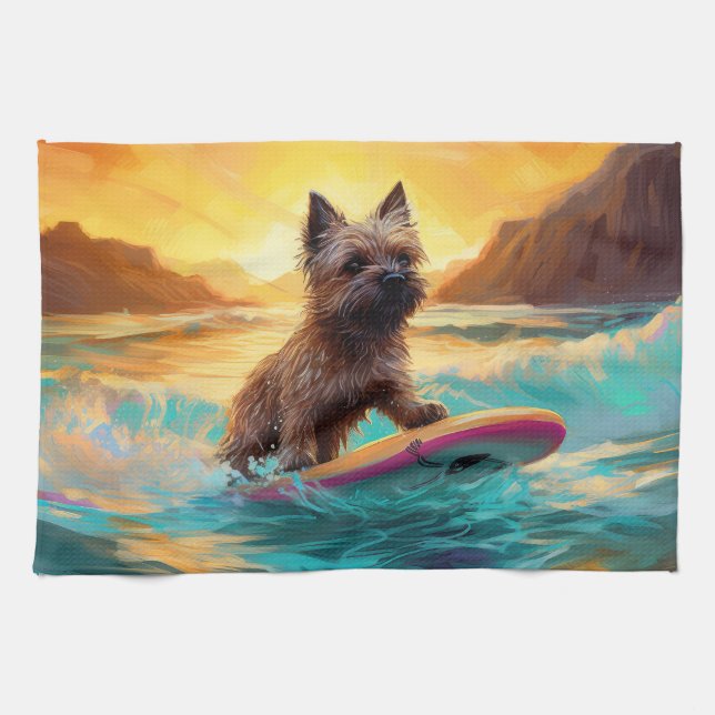 Cairn Terrier Beach Surfing Painting Tea Towel (Horizontal)