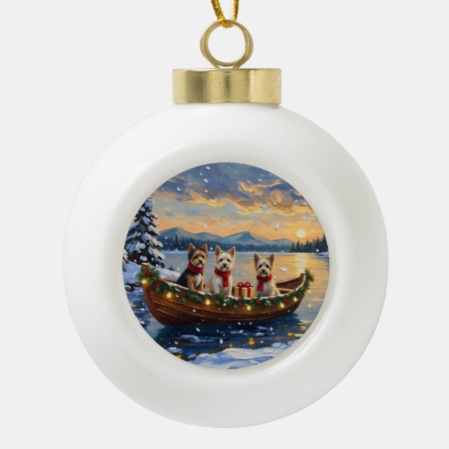 Cairn Terrier Christmas Boat Holiday Ceramic Ball Christmas Ornament (Front)