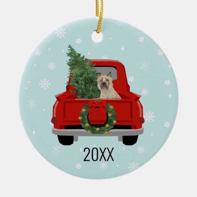 Cairn Terrier Christmas Red Truck Holiday Ceramic Tree Decoration (Front)
