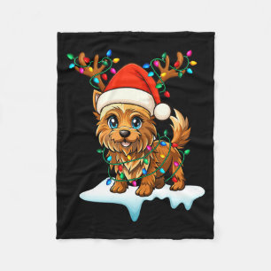 Cairn Terrier Christmas Santa Hat Reindeer Lights Fleece Blanket