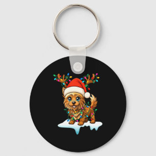 Cairn Terrier Christmas Santa Hat Reindeer Lights Key Ring