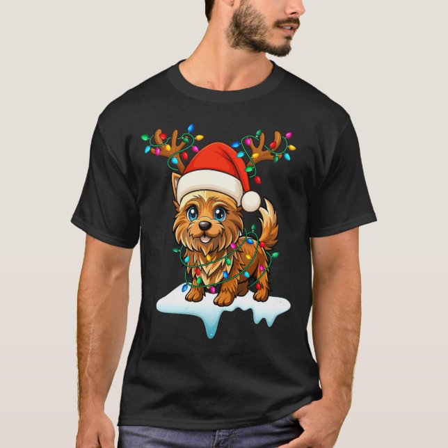 Cairn Terrier Christmas Santa Hat Reindeer Lights  T-Shirt (Front)