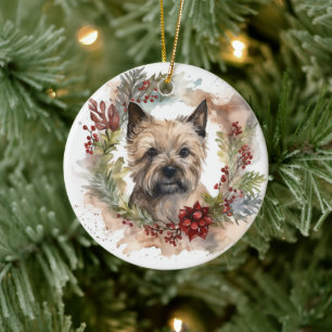 Cairn Terrier Christmas Wreath Festive Pup Ceramic Tree Decoration