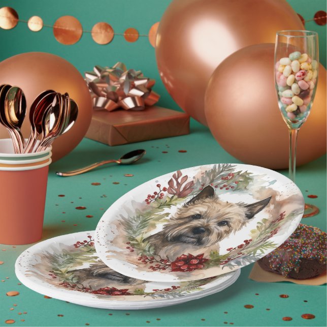 Cairn Terrier Christmas Wreath Festive Pup Paper Plate (Multi)