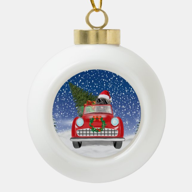 Cairn Terrier Dog Driving Car In Snow Christmas Ceramic Ball Christmas Ornament (Front)