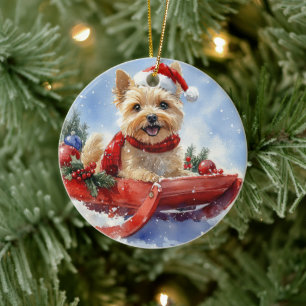 Cairn Terrier Dog in Sledge Let it Snow Christmas Ceramic Tree Decoration