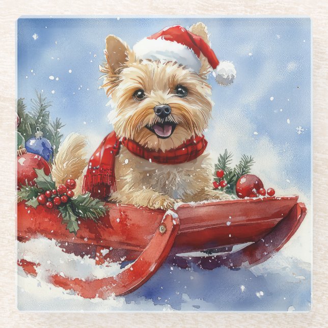 Cairn Terrier Dog in Sledge Let it Snow Christmas Glass Coaster (Front)