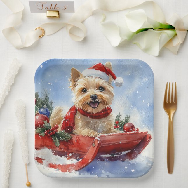 Cairn Terrier Dog in Sledge Let it Snow Christmas Paper Plate (Wedding)
