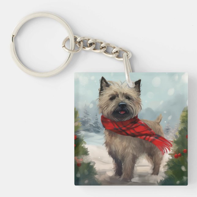 Cairn Terrier Dog in Snow Christmas Key Ring (Front)