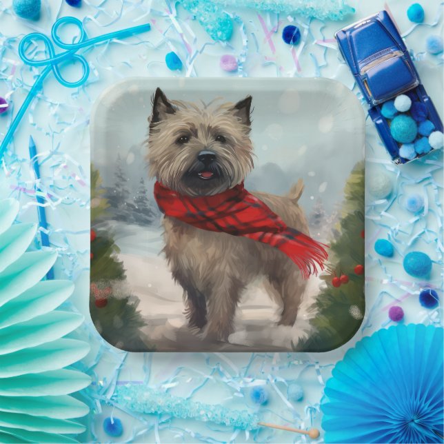 Cairn Terrier Dog in Snow Christmas Paper Plate (Party)