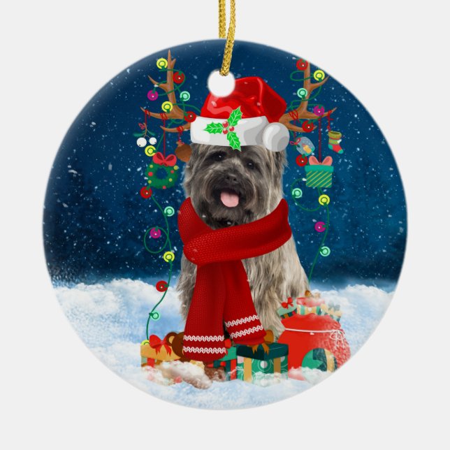 Cairn Terrier Dog in Snow with Christmas Gifts  Ceramic Tree Decoration (Front)