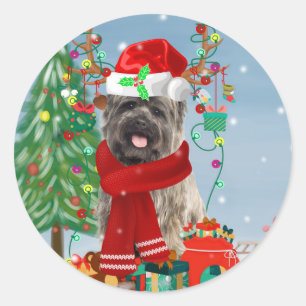 Cairn Terrier Dog in Snow with Christmas Gifts Classic Round Sticker