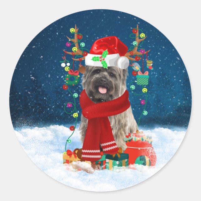 Cairn Terrier Dog in Snow with Christmas Gifts  Classic Round Sticker (Front)