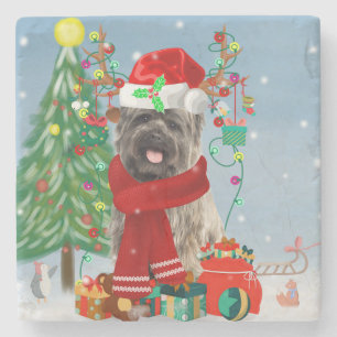 Cairn Terrier Dog in Snow with Christmas Gifts   Stone Coaster