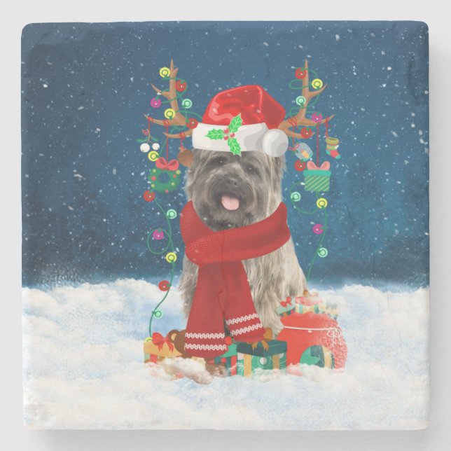 Cairn Terrier Dog in Snow with Christmas Gifts  Stone Coaster (Front)