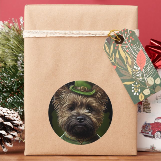 Cairn Terrier dog in St. Patrick's Day Dress Classic Round Sticker (Holiday)