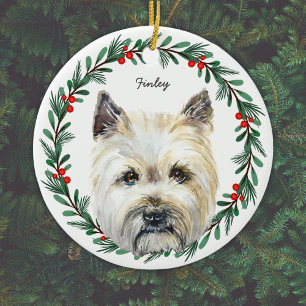 Cairn Terrier Dog Monogram Name Holiday Wreath Ceramic Tree Decoration