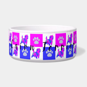 Cairn Terrier Dog & Paw Hot Pink and Blue Dog Bowl