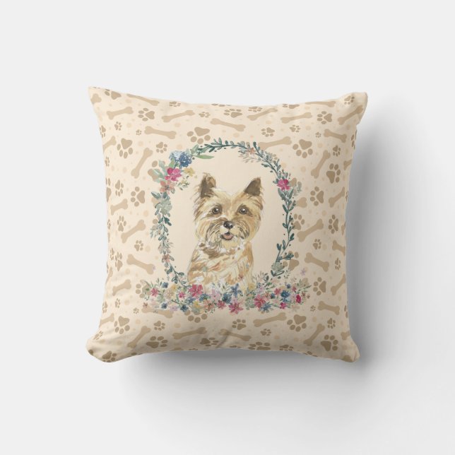Cairn Terrier Dog Paw Print & Floral Cute Cushion (Front)