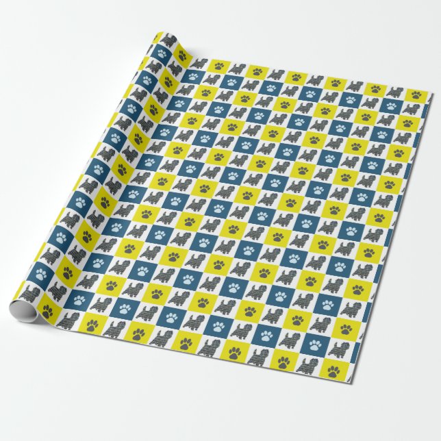 Cairn Terrier Dog & Paw Yellow & Blue Grid Wrapping Paper (Unrolled)