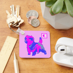 Cairn Terrier Dog Pink & Blue Silhouette Monogram Key Ring