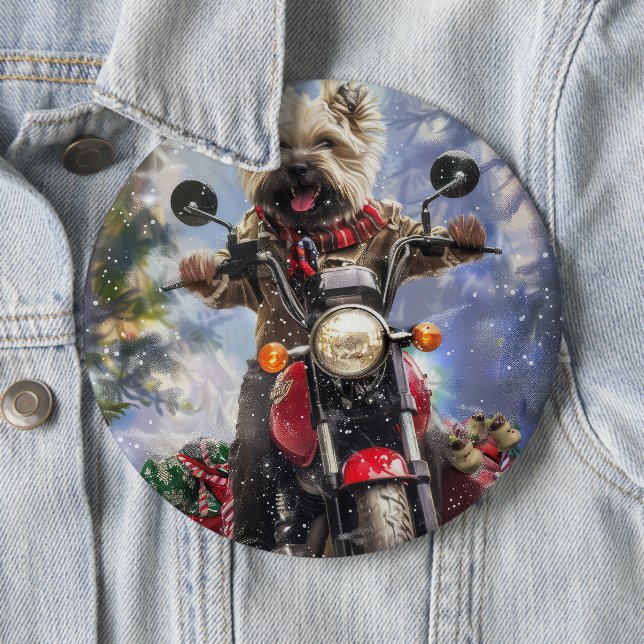Cairn Terrier Dog Riding Motorcycle Christmas 6 Cm Round Badge (In Situ)