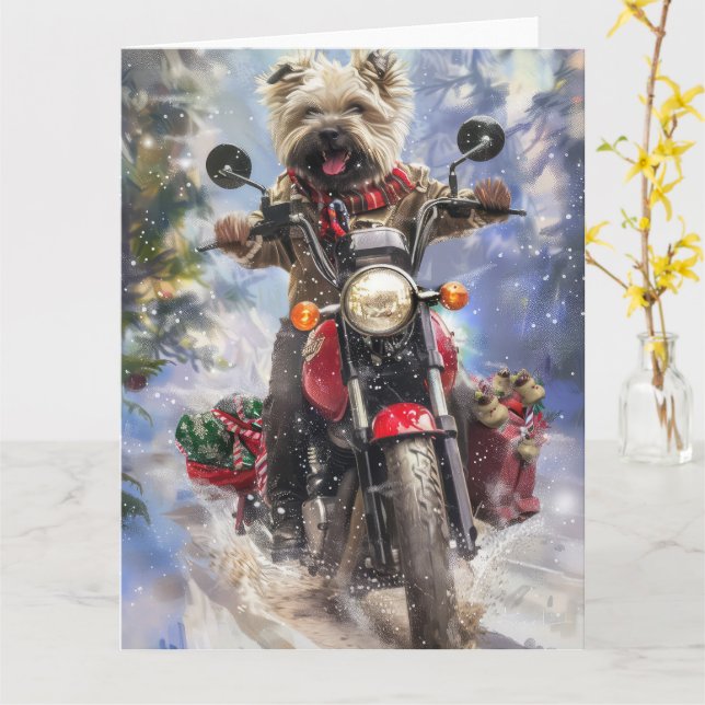 Cairn Terrier Dog Riding Motorcycle Christmas Card (Yellow Flower)