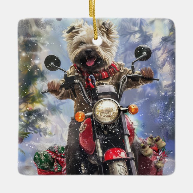 Cairn Terrier Dog Riding Motorcycle Christmas Ceramic Ornament (Front)