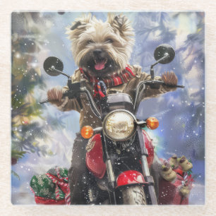 Cairn Terrier Dog Riding Motorcycle Christmas Glass Coaster