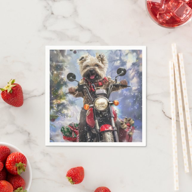 Cairn Terrier Dog Riding Motorcycle Christmas Napkin (Insitu)