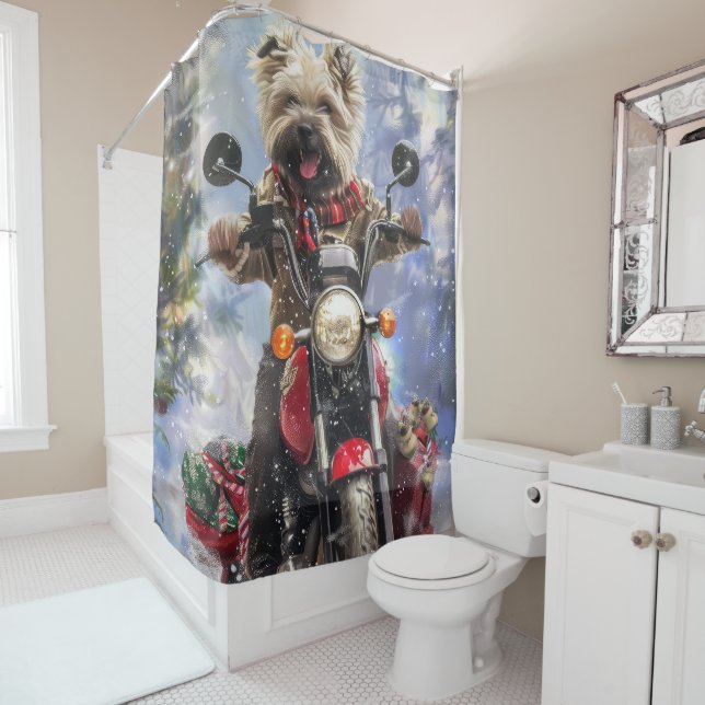 Cairn Terrier Dog Riding Motorcycle Christmas Shower Curtain (In Situ)