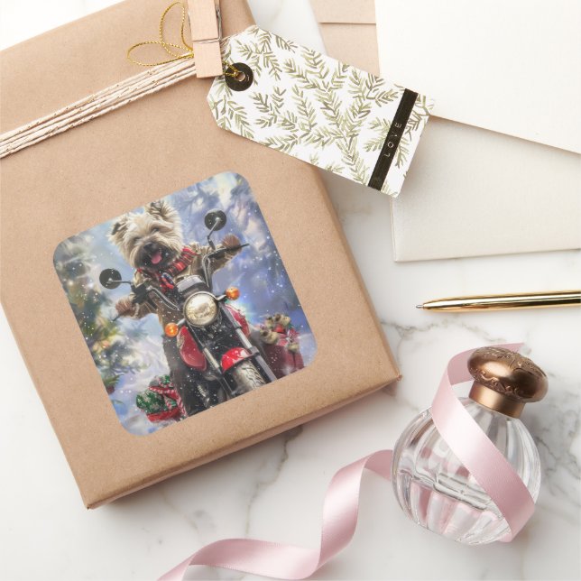 Cairn Terrier Dog Riding Motorcycle Christmas Square Sticker (Gifting)