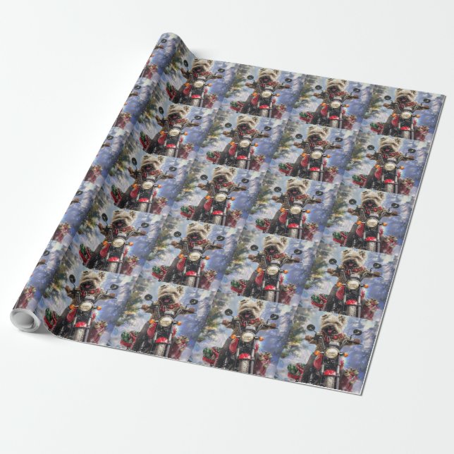 Cairn Terrier Dog Riding Motorcycle Christmas Wrapping Paper (Unrolled)