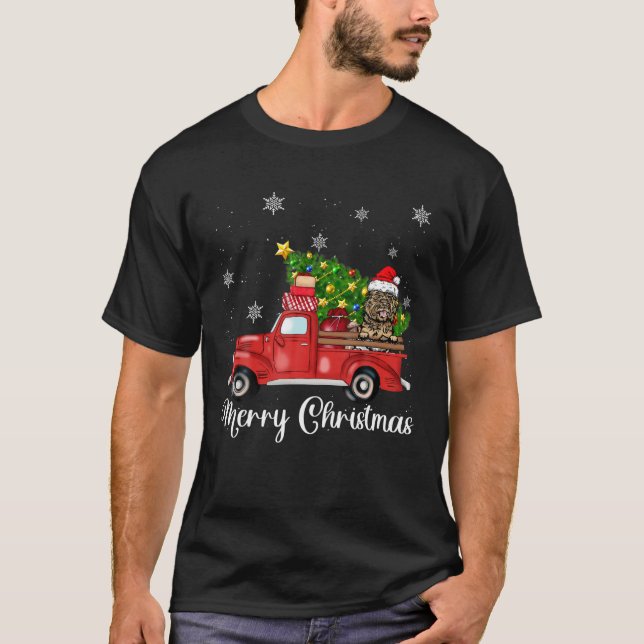 Cairn Terrier Dog Riding Red Truck Christmas T-Shirt (Front)