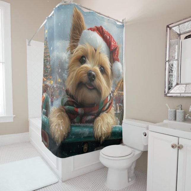 Cairn Terrier Dog Roller Coaster Christmas Shower Curtain (In Situ)