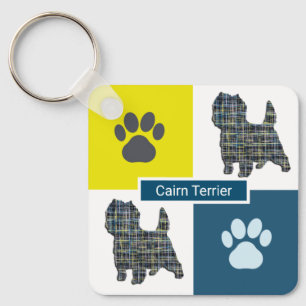 Cairn Terrier Dog Silhouette & Paw Print Y&B Grid Key Ring
