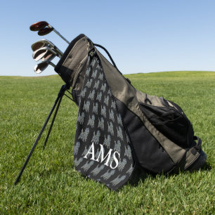 Cairn Terrier Dog Silhouette Y&B Grid Black Golf Towel