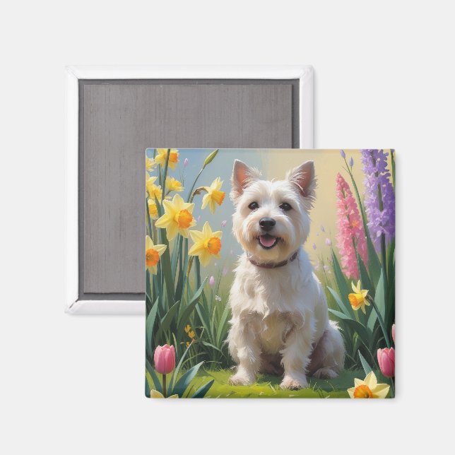 Cairn Terrier Dog Spring Flowers Painting Magnet (Front/Back)