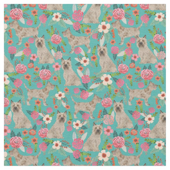 cairn terrier dog vintage florals turquoise fabric (Close Up)