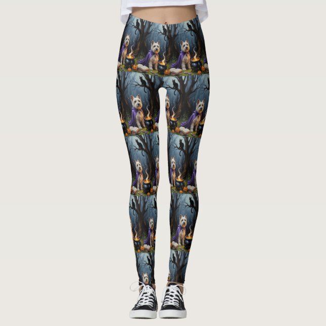 Cairn Terrier Dog Whimsical Halloween Painting Leggings (Front)