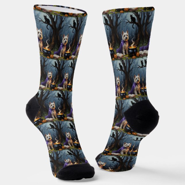 Cairn Terrier Dog Whimsical Halloween Painting Socks (Angled)
