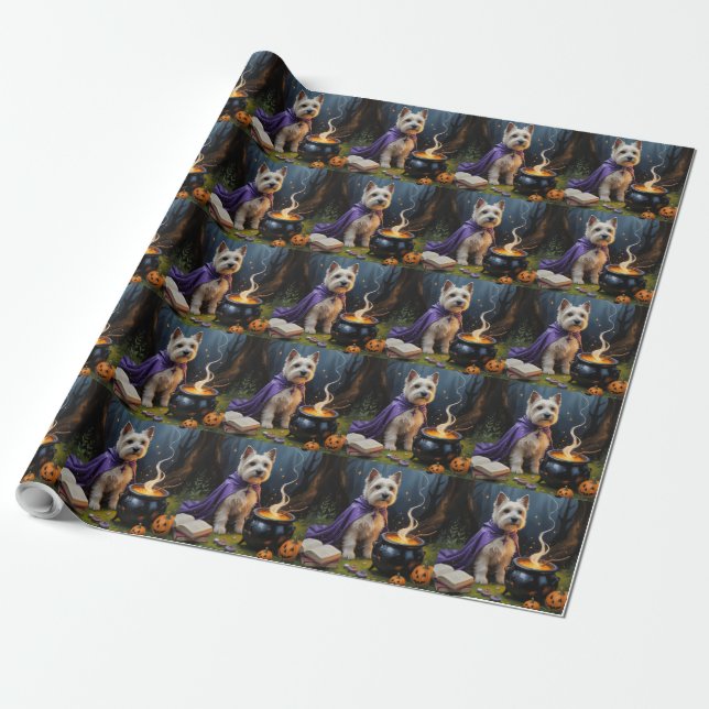Cairn Terrier Dog Whimsical Halloween Painting Wrapping Paper (Unrolled)